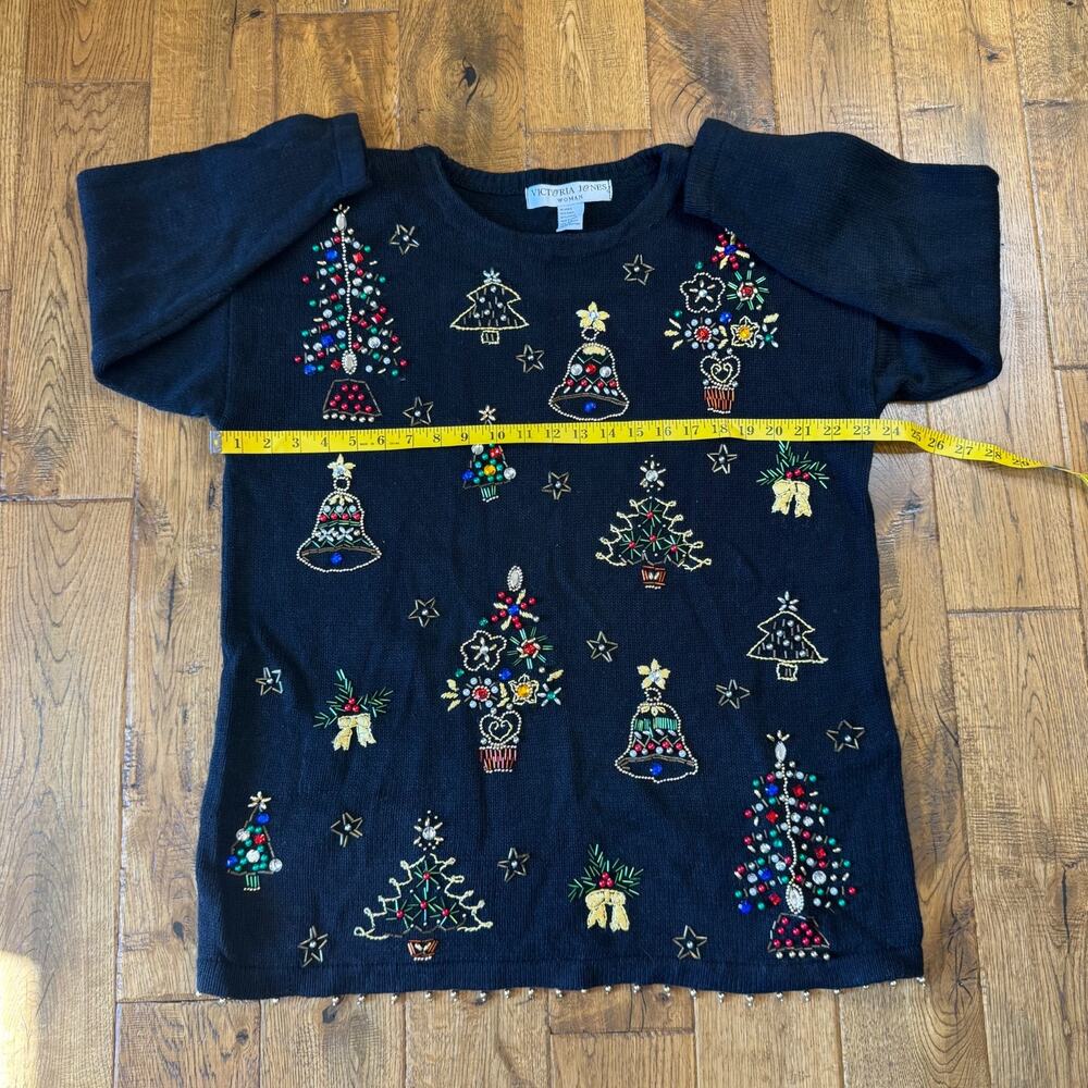 VTG Victoria Jones Christmas Tree Sweater Black Beaded Embroidered Plus Size 1X - Picture 5 of 6